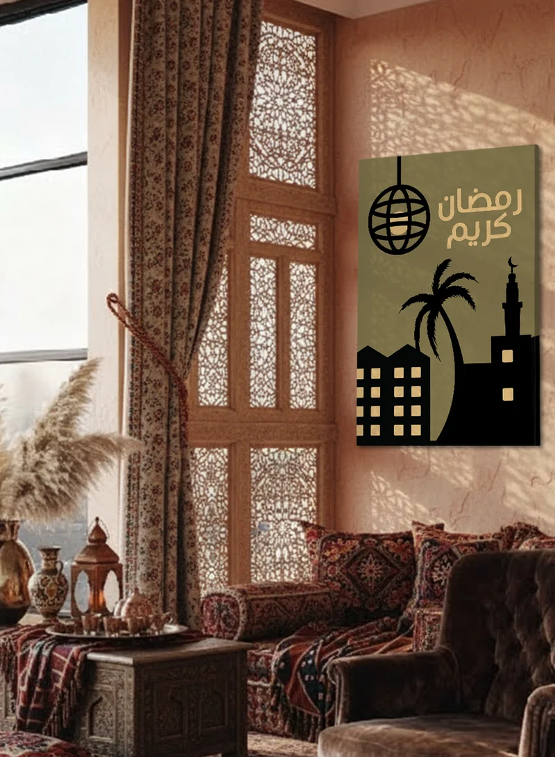 LOWHA Canvas Wall Art Stretched Over Wooden Frame with Ramadan Kareem and Mosque Design